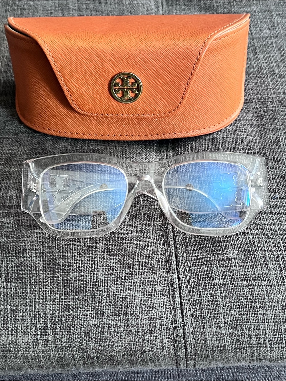 Tory Burch Clear Rectangular Blue-Light Glasses with Orange Case